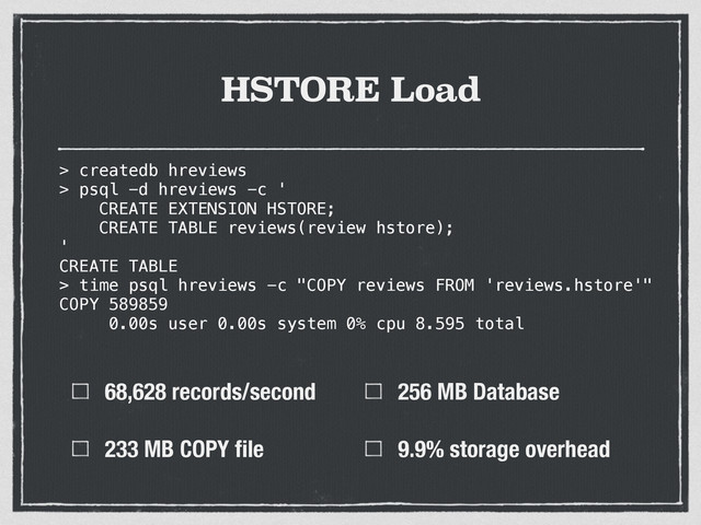 HSTORE Load
68,628 records/second
233 MB COPY ﬁle
256 MB Database
9.9% storage overhead
> createdb hreviews
> psql -d hreviews -c '
CREATE EXTENSION HSTORE;
CREATE TABLE reviews(review hstore);
'
CREATE TABLE
>
> time psql hreviews -c "COPY reviews FROM 'reviews.hstore'"
COPY 589859
0.00s user 0.00s system 0% cpu 8.595 total
