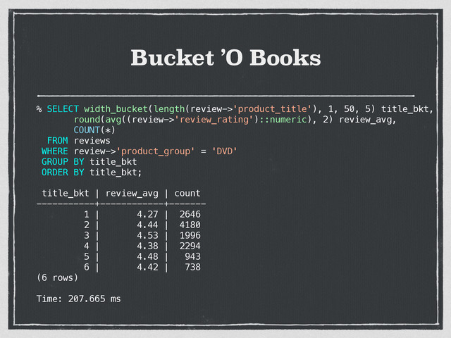 Bucket ’O Books
% SELECT width_bucket(length(review->'product_title'), 1, 50, 5) title_bkt,
round(avg((review->'review_rating')::numeric), 2) review_avg,
COUNT(*)
FROM reviews
WHERE review->'product_group' = 'DVD'
GROUP BY title_bkt
ORDER BY title_bkt;
title_bkt | review_avg | count
-----------+------------+-------
1 | 4.27 | 2646
2 | 4.44 | 4180
3 | 4.53 | 1996
4 | 4.38 | 2294
5 | 4.48 | 943
6 | 4.42 | 738
(6 rows)
Time: 207.665 ms
