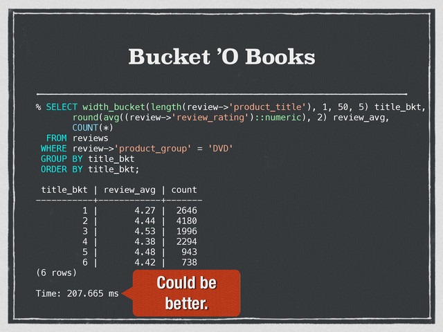 Bucket ’O Books
% SELECT width_bucket(length(review->'product_title'), 1, 50, 5) title_bkt,
round(avg((review->'review_rating')::numeric), 2) review_avg,
COUNT(*)
FROM reviews
WHERE review->'product_group' = 'DVD'
GROUP BY title_bkt
ORDER BY title_bkt;
title_bkt | review_avg | count
-----------+------------+-------
1 | 4.27 | 2646
2 | 4.44 | 4180
3 | 4.53 | 1996
4 | 4.38 | 2294
5 | 4.48 | 943
6 | 4.42 | 738
(6 rows)
Time: 207.665 ms
Could be
better.
