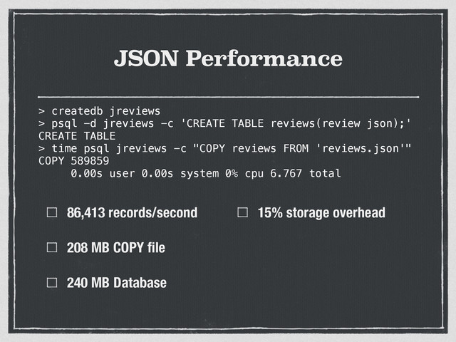 JSON Performance
86,413 records/second
208 MB COPY ﬁle
240 MB Database
15% storage overhead
> createdb jreviews
> psql -d jreviews -c 'CREATE TABLE reviews(review json);'
CREATE TABLE
> time psql jreviews -c "COPY reviews FROM 'reviews.json'"
COPY 589859
0.00s user 0.00s system 0% cpu 6.767 total
