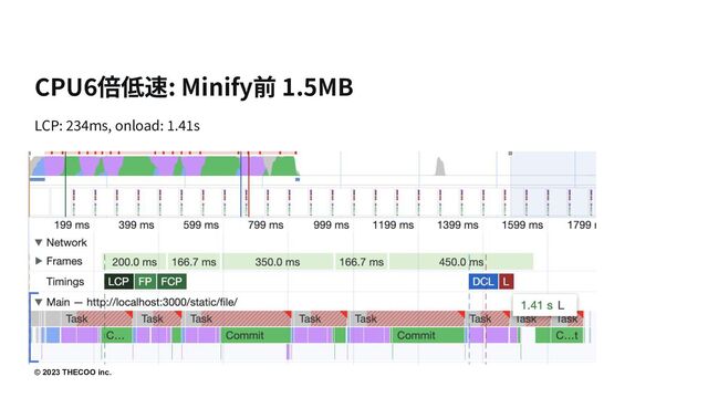 © 2023 THECOO inc.
CPU6倍低速: Minify前 1.5MB
LCP: 234ms, onload: 1.41s
