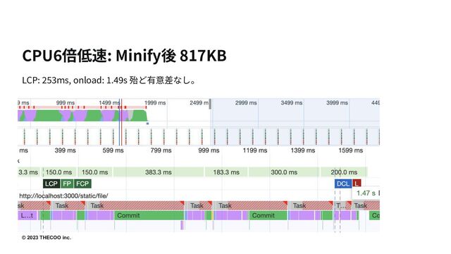 © 2023 THECOO inc.
CPU6倍低速: Minify後 817KB
LCP: 253ms, onload: 1.49s 殆ど有意差なし。
