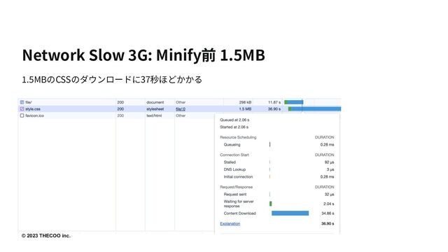© 2023 THECOO inc.
Network Slow 3G: Minify前 1.5MB
1.5MBのCSSのダウンロードに37秒ほどかかる
