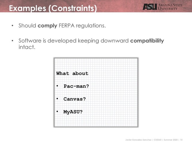 Javier Gonzalez-Sanchez | CSE360 | Summer 2020 | 15
Examples (Constraints)
• Should comply FERPA regulations.
• Software is developed keeping downward compatibility
intact.
What about
• Pac-man?
• Canvas?
• MyASU?

