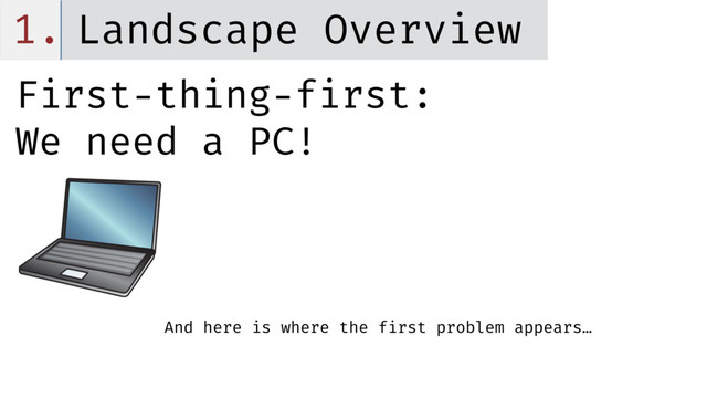 1. Landscape Overview
And here is where the first problem appears…
First-thing-first:
We need a PC!
