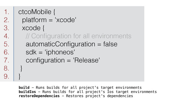 Big Good Rule
of Goodness
1. ctcoMobile {
2. platform = 'xcode'
3. xcode {
4. // Conﬁguration for all environments
5. automaticConﬁguration = false
6. sdk = 'iphoneos'
7. conﬁguration = 'Release'
8. }
9. }
build - Runs builds for all project's target environments
buildIos - Runs builds for all project's Ios target environments
restoreDependencies - Restores project's dependencies

