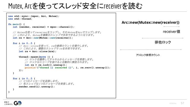 © GO Inc.
Mutex, Arcを使ってスレッド安全にreceiverを読む
use std::sync::{mpsc, Arc, Mutex};
use std::thread;
fn main() {
let (sender, receiver) = mpsc::channel();
// Mutexを使ってreceiverをラップし、その MutexをArcでラップします。
// これにより、 Mutexを複数のスレッドで共有できるようになります。
let rx = Arc::new(Mutex::new(receiver));
for i in 0..5 {
// Arc::cloneを使って、rxの参照カウントを増やします。
// これにより、複数のスレッドで rxを共有できます。
let rx = Arc::clone(&rx);
thread::spawn(move || {
// ロックを獲得してチャネルからメッセージを受信します。
// ロックはスコープを抜けると自動的に解放されます。
let rx = rx.lock().unwrap();
println!("thread {} received {}", i, rx.recv().unwrap());
});
}
for i in 0..5 {
// 5つのメッセージを送信します。
// 各スレッドは 1つのメッセージを受信します。
sender.send(i).unwrap();
}
}
57
Arc::new(Mutex::new(receiver))
receiver値
排他ロック
アトミック参照カウント
