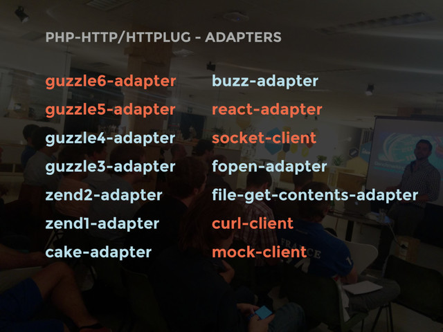 PHP-HTTP/HTTPLUG - ADAPTERS
guzzle6-adapter
guzzle5-adapter
guzzle4-adapter
guzzle3-adapter
zend2-adapter
zend1-adapter
cake-adapter
buzz-adapter
react-adapter
socket-client
fopen-adapter
file-get-contents-adapter
curl-client
mock-client
