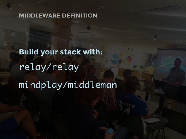 MIDDLEWARE DEFINITION
Build your stack with:
relay/relay
mindplay/middleman

