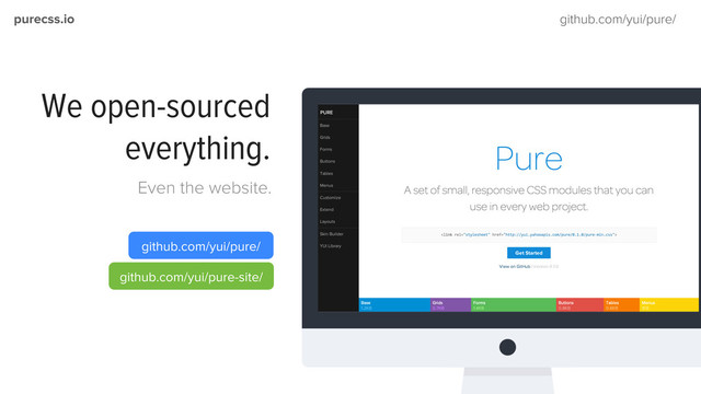 purecss.io github.com/yui/pure/
We open-sourced
everything.
Even the website.
github.com/yui/pure/
github.com/yui/pure-site/
