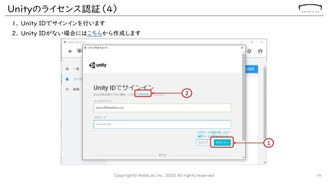 Unityのライセンス認証（4）
1. Unity IDでサインインを行います
2. Unity IDがない場合にはこちらから作成します
Copyright© HoloLab Inc. 2020 All rights reserved 14
1
2
