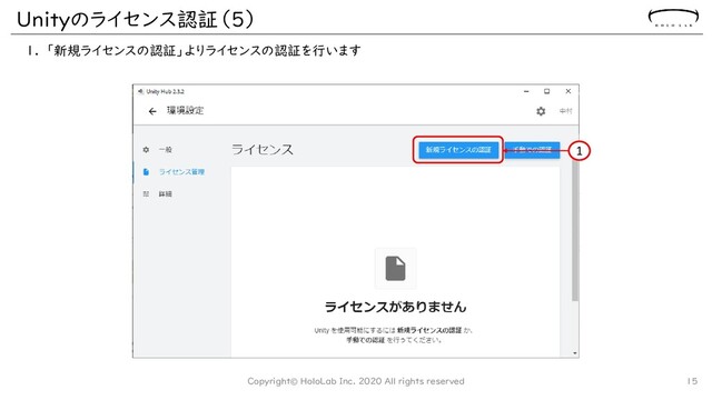 Unityのライセンス認証（5）
1. 「新規ライセンスの認証」よりライセンスの認証を行います
Copyright© HoloLab Inc. 2020 All rights reserved 15
1
