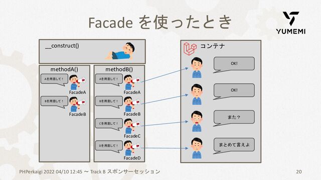 20
Facade を使ったとき
PHPerkaigi 2022 04/10 12:45 〜 Track B スポンサーセッション
コンテナ
OK!
OK!
また？
まとめて言えよ
FacadeA
FacadeB
__construct()
methodA() methodB()
FacadeC
FacadeD
Aを用意して！
Bを用意して！
Cを用意して！
Dを用意して！
FacadeA
FacadeB
Aを用意して！
Bを用意して！
