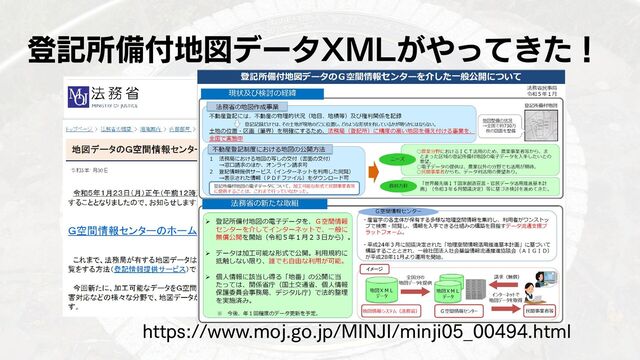 登記所備付地図データXMLがやってきた！
https://www.moj.go.jp/MINJI/minji05_00494.html
