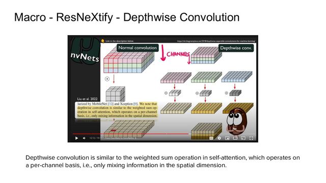 Depthwise convolution is similar to the weighted sum operation in self-attention, which operates on
a per-channel basis, i.e., only mixing information in the spatial dimension.
Macro - ResNeXtify - Depthwise Convolution
