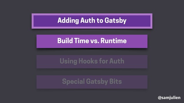 Adding Auth to Gatsby
@samjulien
Build Time vs. Runtime
Using Hooks for Auth
Special Gatsby Bits
