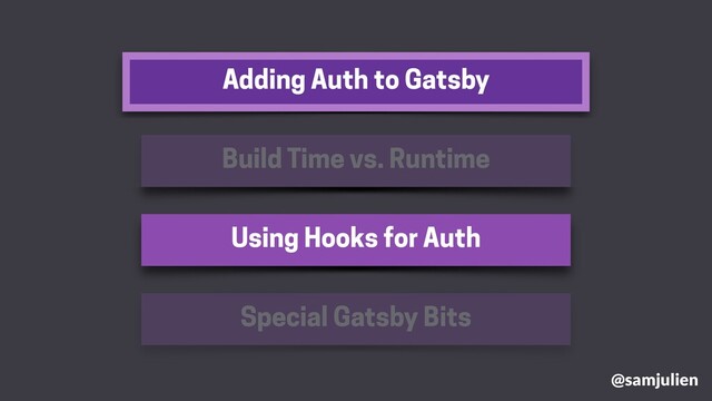 Adding Auth to Gatsby
@samjulien
Build Time vs. Runtime
Using Hooks for Auth
Special Gatsby Bits
