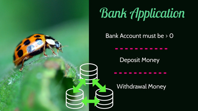 Bank Application
Bank Account must be > 0
Deposit Money
Withdrawal Money
