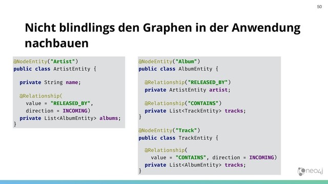 Nicht blindlings den Graphen in der Anwendung
nachbauen
50
@NodeEntity("Artist")
public class ArtistEntity {
private String name;
@Relationship(
value = "RELEASED_BY",
direction = INCOMING)
private List albums;
}
@NodeEntity("Album")
public class AlbumEntity {
@Relationship("RELEASED_BY")
private ArtistEntity artist;
@Relationship("CONTAINS")
private List tracks;
}
@NodeEntity("Track")
public class TrackEntity {
@Relationship(
value = "CONTAINS", direction = INCOMING)
private List tracks;
}
