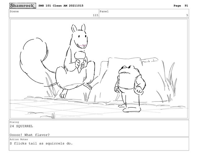 Scene
115
Panel
5
Dialog
24 SQUIRREL
Ooooo! What flavor?
Action Notes
S flicks tail as squirrels do.
SMH 101 Clean AM 20211015 Page 91
