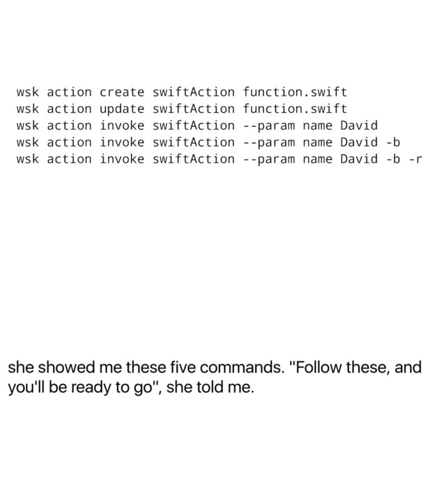 she showed me these five commands. "Follow these, and
you'll be ready to go", she told me.
wsk action create swiftAction function.swift
wsk action update swiftAction function.swift
wsk action invoke swiftAction --param name David
wsk action invoke swiftAction --param name David -b
wsk action invoke swiftAction --param name David -b -r
