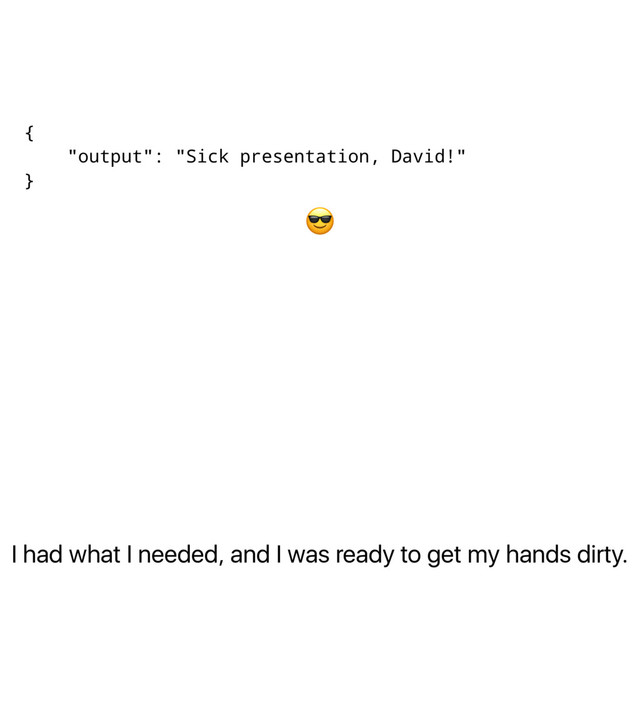 I had what I needed, and I was ready to get my hands dirty.
{
"output": "Sick presentation, David!"
}
!
