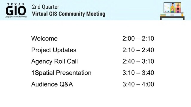 Welcome
Project Updates
Agency Roll Call
1Spatial Presentation
Audience Q&A
2:00 – 2:10
2:10 – 2:40
2:40 – 3:10
3:10 – 3:40
3:40 – 4:00
