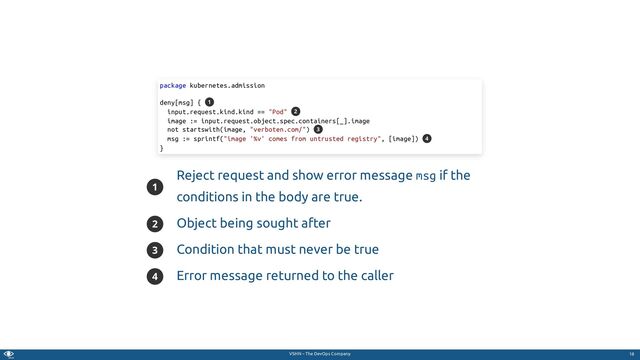 VSHN – The DevOps Company
1
Reject request and show error message msg if the
conditions in the body are true.
2 Object being sought after
3 Condition that must never be true
4 Error message returned to the caller
package kubernetes.admission
deny[msg] {
input.request.kind.kind == "Pod"
image := input.request.object.spec.containers[_].image
not startswith(image, "verboten.com/")
msg := sprintf("image '%v' comes from untrusted registry", [image])
}
1
2
3
4
18
