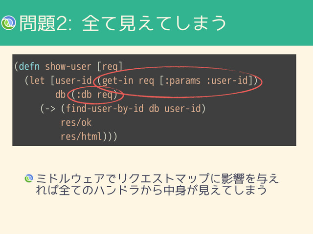 ໰୊શͯݟ͑ͯ͠·͏
ϛυϧ΢ΣΞͰϦΫΤετϚοϓʹӨڹΛ༩͑
Ε͹શͯͷϋϯυϥ͔Βத਎͕ݟ͑ͯ͠·͏
(defn show-user [req]
(let [user-id (get-in req [:params :user-id])
db (:db req)
(-> (find-user-by-id db user-id)
res/ok 
res/html)))
