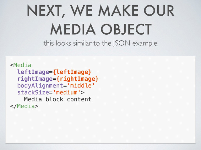 NEXT, WE MAKE OUR
MEDIA OBJECT
this looks similar to the JSON example

Media block content

