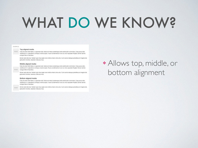 WHAT DO WE KNOW?
!
❖ Allows top, middle, or
bottom alignment
