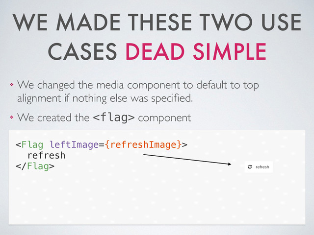 WE MADE THESE TWO USE
CASES DEAD SIMPLE
❖ We changed the media component to default to top
alignment if nothing else was speciﬁed.	

❖ We created the  component

refresh

