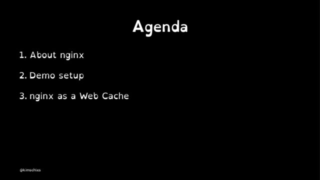 Agenda
1. About nginx
2. Demo setup
3. nginx as a Web Cache
@kimschles
