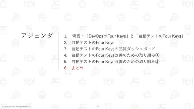 © Kakaku.com Inc. All Rights Reserved. 44
アジェンダ 1. 背景：「DevOpsのFour Keys」と「自動テストのFour Keys」
2. 自動テストのFour Keys
3. 自動テストのFour Keysの品質ダッシュボード
4. 自動テストのFour Keys改善のための取り組み①
5. 自動テストのFour Keys改善のための取り組み②
6. まとめ
