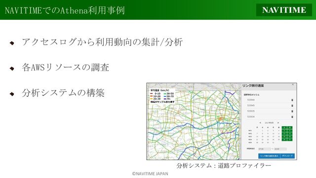 ©NAVITIME JAPAN
NAVITIMEでのAthena利用事例
アクセスログから利用動向の集計/分析
各AWSリソースの調査
分析システムの構築
分析システム：道路プロファイラー
