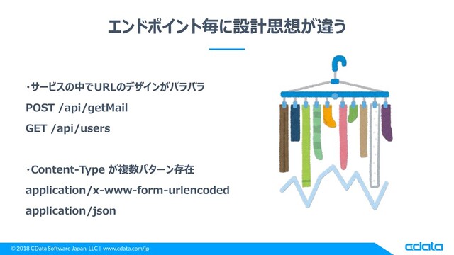 © 2018 CData Software Japan, LLC | www.cdata.com/jp
エンドポイント毎に設計思想が違う
・サービスの中でURLのデザインがバラバラ
POST /api/getMail
GET /api/users
・Content-Type が複数パターン存在
application/x-www-form-urlencoded
application/json
