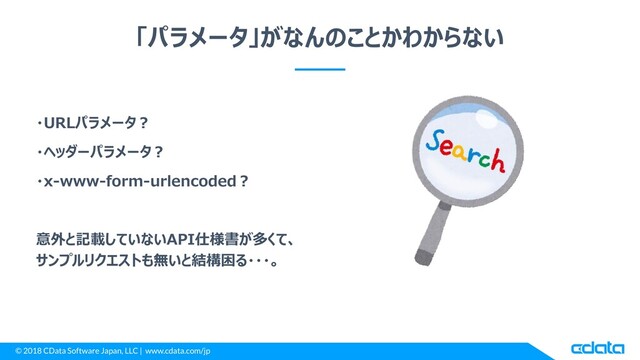 © 2018 CData Software Japan, LLC | www.cdata.com/jp
「パラメータ」がなんのことかわからない
・URLパラメータ？
・ヘッダーパラメータ？
・x-www-form-urlencoded？
意外と記載していないAPI仕様書が多くて、
サンプルリクエストも無いと結構困る・・・。
