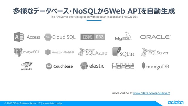 © 2018 CData Software Japan, LLC | www.cdata.com/jp
多様なデータベース・NoSQLからWeb APIを自動生成
The API Server offers integration with popular relational and NoSQL DBs
more online at www.cdata.com/apiserver/

