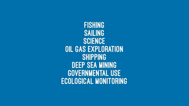 fishing
sailing
science
oil gas exploration
shipping
deep sea mining
governmental use
ecological monitoring
