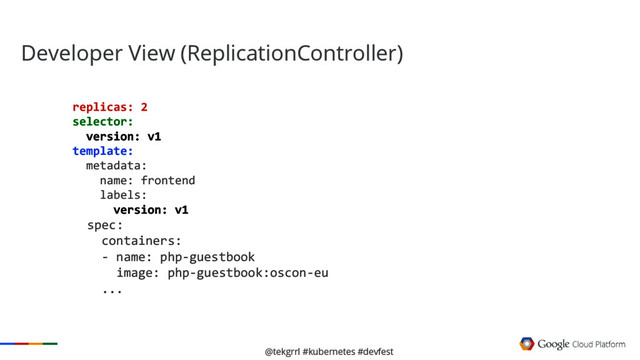 @tekgrrl #kubernetes #devfest
Developer View (ReplicationController)
replicas: 2
selector:
version: v1
template:
metadata:
name: frontend
labels:
version: v1
spec:
containers:
- name: php-guestbook
image: php-guestbook:oscon-eu
...
