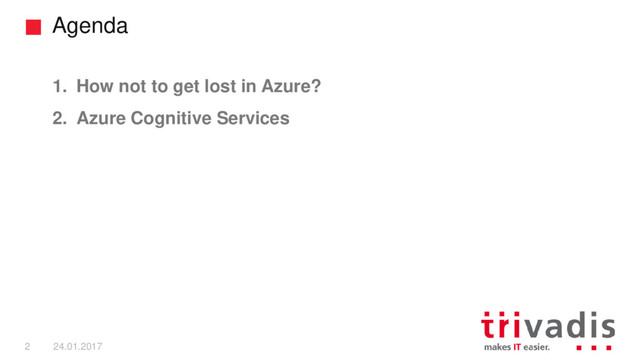 Agenda
2 24.01.2017
1. How not to get lost in Azure?
2. Azure Cognitive Services
