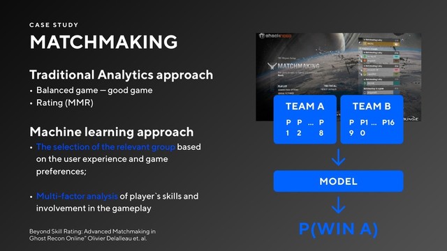 Traditional Analytics approach
• Balanced game — good game
• Rating (MMR)
MATCHMAKING
Machine learning approach
• The selection of the relevant group based
on the user experience and game
preferences;
• Multi-factor analysis of player`s skills and
involvement in the gameplay
Beyond Skill Rating: Advanced Matchmaking in
Ghost Recon Online” Olivier Delalleau et. al.
C A S E S T U DY
