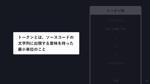 37
τʔΫϯྻ
τʔΫϯྻ
function
helloWorld
(
)
{
console
.
log
τʔΫϯͱ͸ɺιʔείʔυͷ
จࣈྻʹग़ݱ͢ΔҙຯΛ࣋ͬͨ
࠷খ୯Ґͷ͜ͱ
