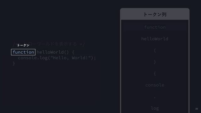 39
/** ϋϩʔϫʔϧυΛදࣔ͢Δ */
function helloWorld() {
console.log("Hello, World!");
}
τʔΫϯྻ
τʔΫϯྻ
function
helloWorld
(
)
{
console
.
log
τʔΫϯ
