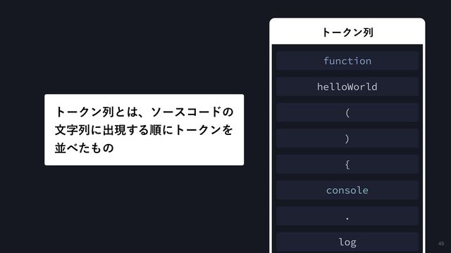 45
τʔΫϯྻ
τʔΫϯྻ
τʔΫϯྻͱ͸ɺιʔείʔυͷ
จࣈྻʹग़ݱ͢ΔॱʹτʔΫϯΛ
ฒ΂ͨ΋ͷ
function
helloWorld
(
)
{
console
.
log
