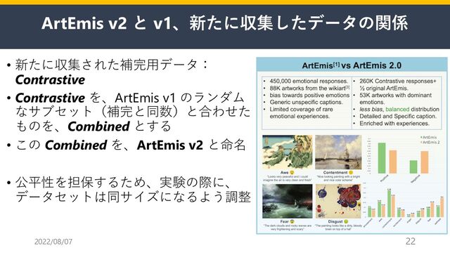 ArtEmis v2 と v1、新たに収集したデータの関係
• 新たに収集された補完⽤データ：
Contrastive
• Contrastive を、ArtEmis v1 のランダム
なサブセット（補完と同数）と合わせた
ものを、Combined とする
• この Combined を、ArtEmis v2 と命名
• 公平性を担保するため、実験の際に、
データセットは同サイズになるよう調整
2022/08/07 22
