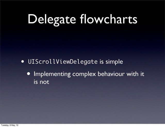Delegate ﬂowcharts
• UIScrollViewDelegate is simple
• Implementing complex behaviour with it
is not
Tuesday, 8 May, 12
