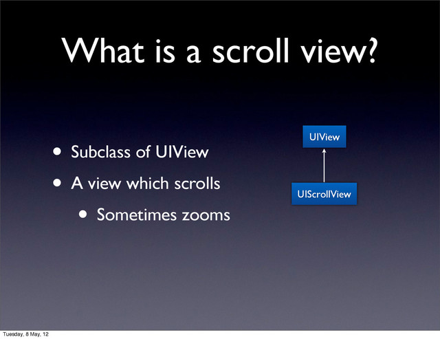 What is a scroll view?
• Subclass of UIView
• A view which scrolls
• Sometimes zooms
UIView
UIScrollView
Tuesday, 8 May, 12
