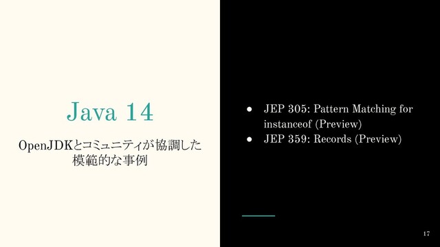Java 14
OpenJDKとコミュニティが協調した
模範的な事例
● JEP 305: Pattern Matching for
instanceof (Preview)
● JEP 359: Records (Preview)
17
